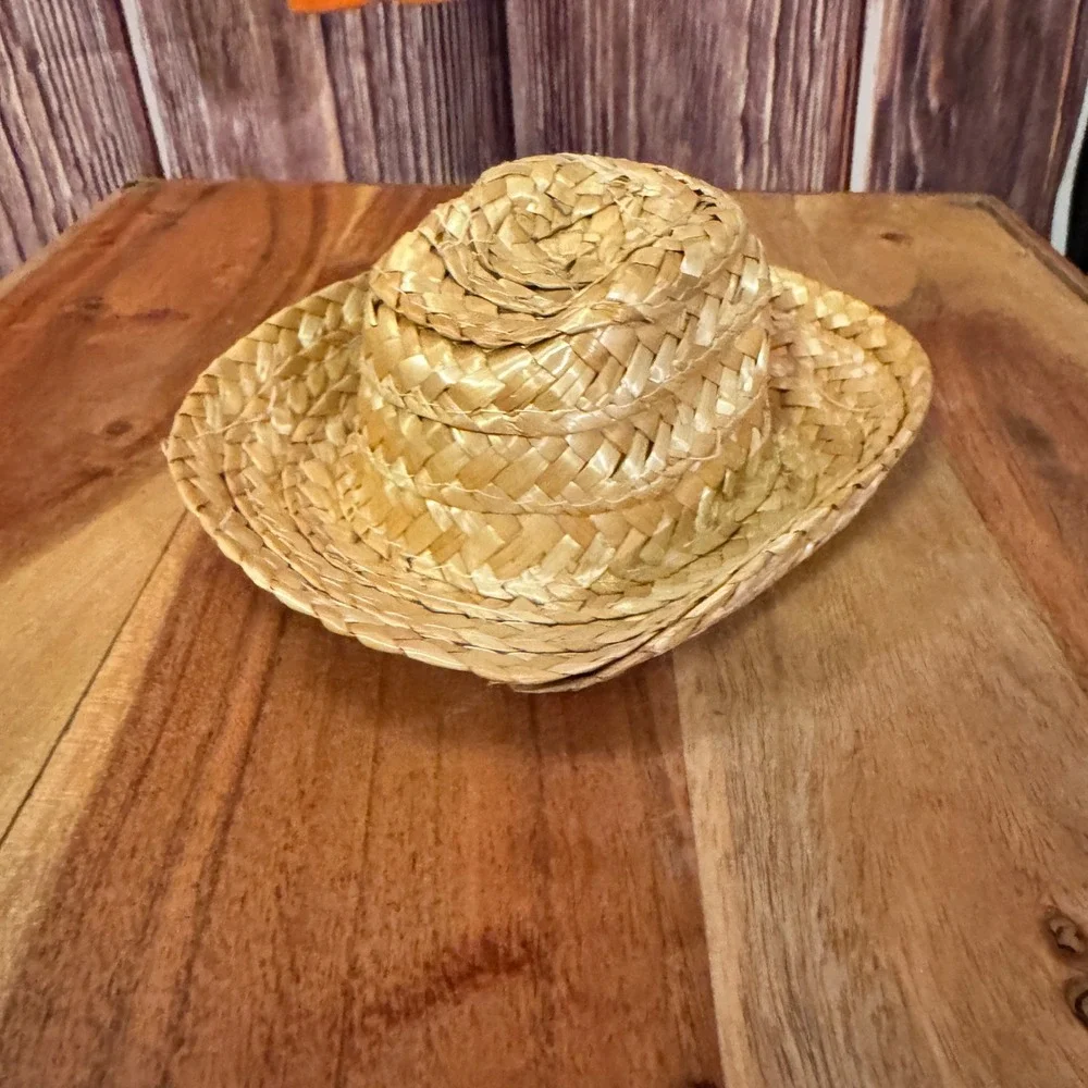 Miniature Straw Cowboy Hat Set of 2 Tan Western Doll Pet Accessory 5.25 Inch